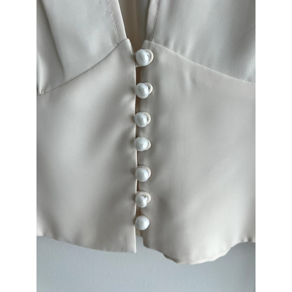 Reiss Plunge Deep V-neck Buttons Tie Wrap Beige Blouse Coquette Lingerie (size 2 - Picture 3 of 14